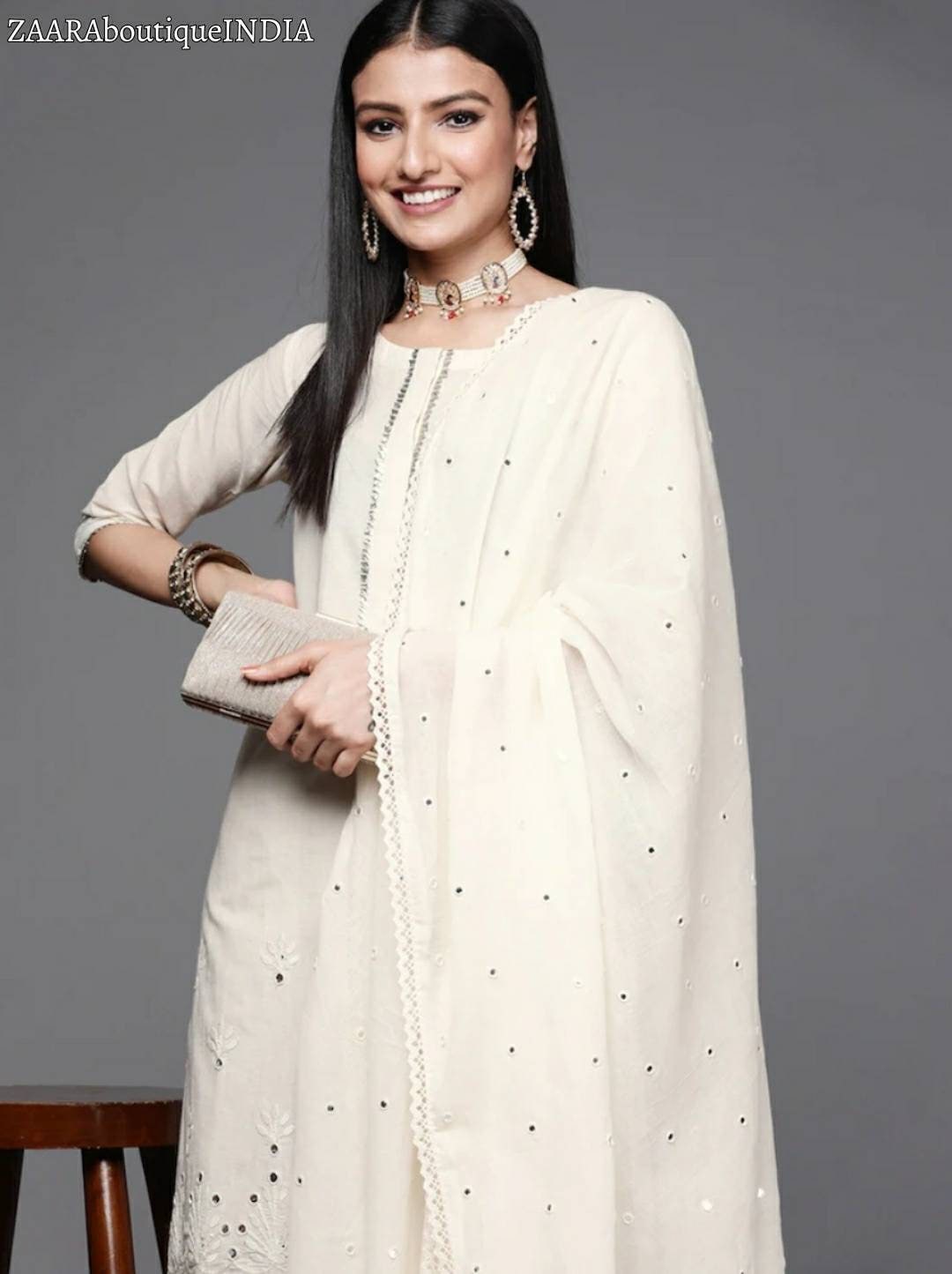 Cotton Kurta Sets for Women Off-white Gold Embroidered Kurta With Palazzo &  Dupatta Indian Party Wear Dress Kurta With Trousers Women 