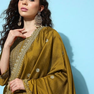 Indian Party/Wedding Wear - Mustard Yellow Motifs Embroidered Silk Kurta With Palazzo & Dupatta - Salwar Kameez - Plus Size Kurta Trousers