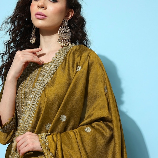 Indian Party/Wedding Wear - Mustard Yellow Motifs Embroidered Silk Kurta With Palazzo & Dupatta - Salwar Kameez - Plus Size Kurta Trousers