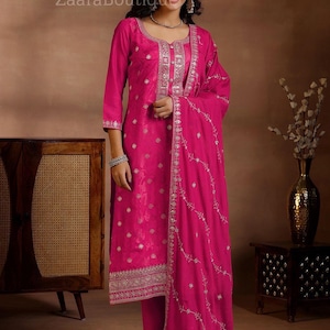 Indian Dress For Women - Pink Zari Embroidered Silk Kurta With Trousers & Dupatta - Salwar Kameez Set - Indian Party Wear Dress