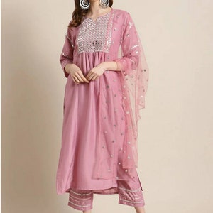 Party Wear Kurta Set, Pink & Silver Yoke Design Kurta With Trouser And Dupatta, Pakistani Salwar Kameez, Indian Wedding Wear, Ethnic Dress