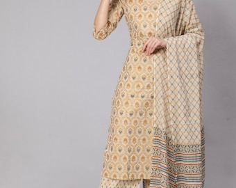 May include: A cream-coloured printed kurta with a matching palazzo pant and a cream-coloured printed dupatta. The kurta has a V-neck and three-quarter sleeves. The palazzo pant has a straight leg and the dupatta has a border with blue and orange stripes.