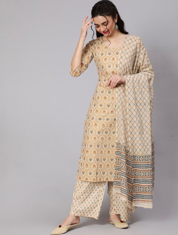 Cotton Kurta Set for Women Cream Gold Printed Kurta With