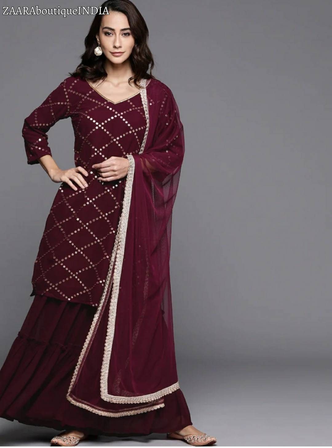 Salwar Kameez Set Burgundy Embroidered Sequence Kurta With - Etsy UK