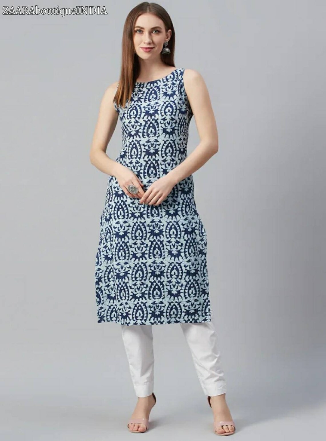 Navy Blue Sleevless Kurta With Printed Half Sleeve Jacket main image 0