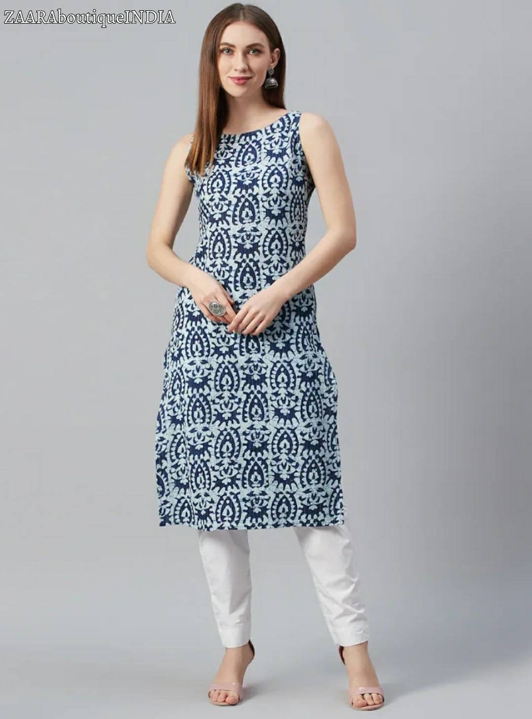 G&M White Sleeveless Printed Cotton Kurti Manufacturer