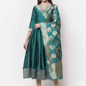 Indian Party Wear Dress For Women - Teal & Gold Silk Blend Anarkali Kurta With Dupatta - Plus Size Kurti - Ethnic Wear Women - Gown Dress