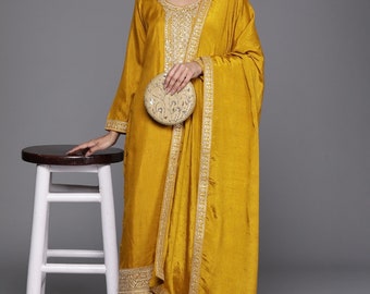 Indian Party Wear Dress For Women - Mustard Zari Embroidered Kurta With Trouser & Dupatta - Pakistani Salwar Kameez Suite - Indian Dress