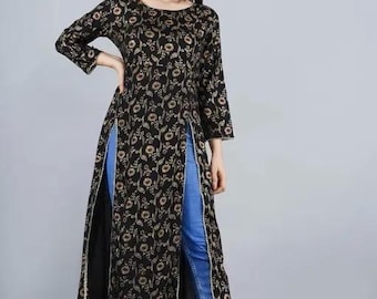 Kurti | Black & Gold Anarkali Printed Kurta | Gift For Her | Women Festive Party Wear | Indian Top Tunic | Indian Ethnic Dress | Ethnic Wear