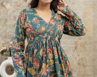 Kurtis For women - Sea Green Printed A-line Kurti Top Tees - Short Kurta - Indian Tunics - Summer Top Tees For Women - Short Ethnic Kurta