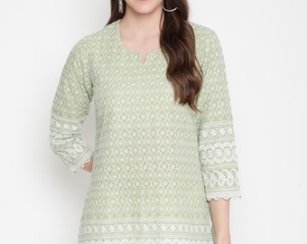 Pure Cotton Tunic Tops For Women - Sea Green Chikankari Embroidered Kurti - Kurtis For Women - Summer Tops Tees T-shirt Plus Size Boho Tops