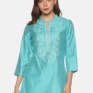 Kurtis For women | Turquoise Blue Embroidered Kurti Top Tees | Short Kurta | Indian Tunics | Indian Top Tees Women | Short Ethnic Kurta
