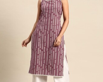 Cotton Kurta - Purple Printed Sleevless Kurti For Women - Summer Wear Top Tees For Women - Gift For Her - Kurta Top - Indian Ethnic Wear