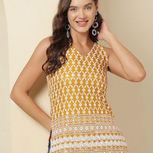 Kurti Túnica Feminina - Kurti sem Mangas Bordada em Amarelo Mostarda - Vestido Kurti Curto, Roupa de Verão - Blusas Étnicas Indianas - Blusa Boho imagem 1