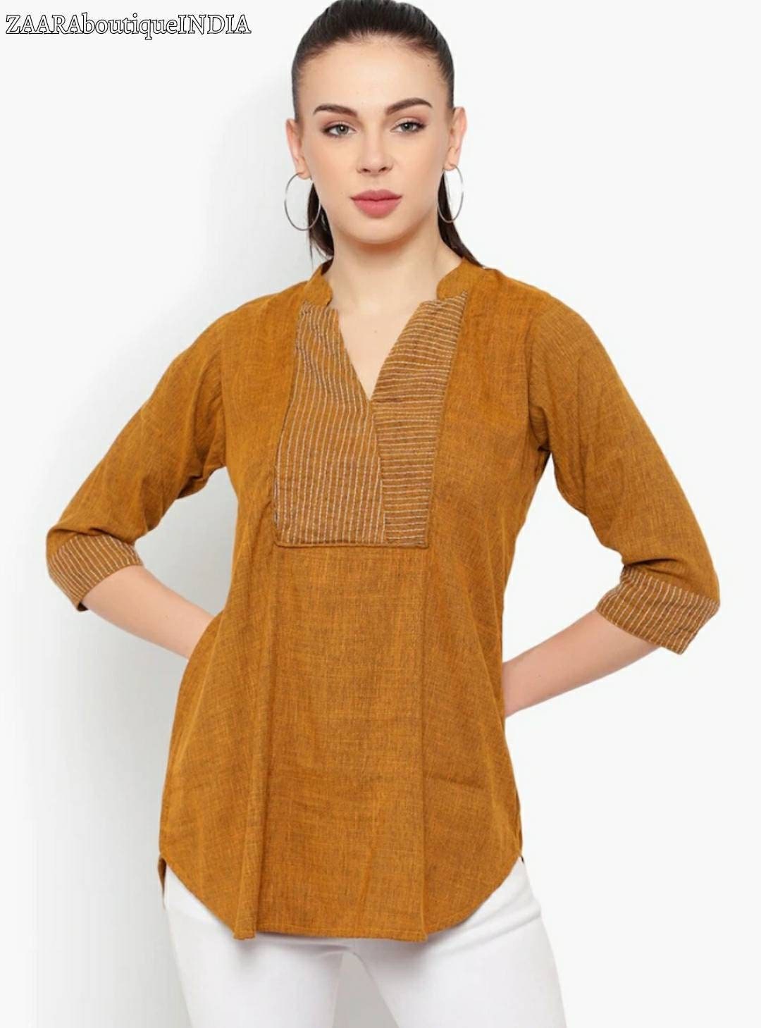Tunics for Women Mustard Solid Cotton Tunic With Embroidered