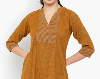 Tunics For Women | Mustard Solid Cotton Tunic With Embroidered Detailing | Indian Ethnic Tunic | Short Kurtis For Women | Summer Wear | 4XL