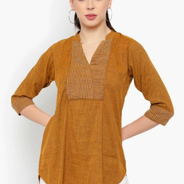 Tunics For Women | Mustard Solid Cotton Tunic With Embroidered Detailing | Indian Ethnic Tunic | Short Kurtis For Women | Summer Wear | 4XL