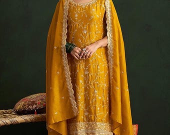 Vestido indio para mujer - Kurta bordada en amarillo mostaza con pantalón y dupatta - Conjunto de salwar kameez - Vestido de fiesta indio