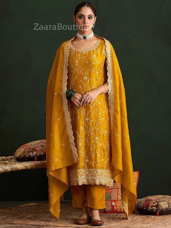 mustard yellow indian dress Indian Dress For Women - Mustard Yellow Embroidered Kurta With Trousers & Dupatta - Salwar Kameez Set