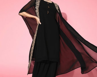 Ropa de fiesta/boda india - Kurta sin mangas imperio bordado negro con Sharara y Dupatta - Conjunto Kurta de ropa de verano - Kurta con pantalón