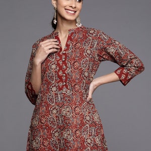 Kurtis pour femme - Tunique indienne - Robe kurta courte - Kurti en coton imprimé bordeaux - Robe indienne - Hauts et t-shirts - Hauts d&#39;été