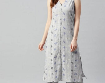 Sleevless Kurta Set | Grey & Blue Printed Cotton Kurta Palazzo | Kurta And Palazzo | Office Wear | Women Festive Party Wear | Indian Dress