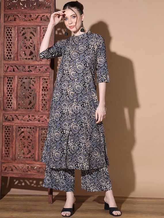 Ensemble Kurta Femme - Tunique + Pantalon Palazzo En Rayonne De Viscose - Tenue De Fête Indienne