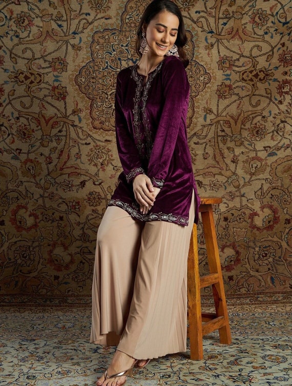 Sangria Women Ethnic Motifs Embroidered Yoke Design Velvet Kurta with  Salwar - Absolutely Desi