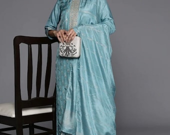 Silk Kurta Sets For Women - Indian Wedding Wear - Blue Embroidered Straight Kurta With Trousers and Dupatta - Salwar Suit - Ethnic Set