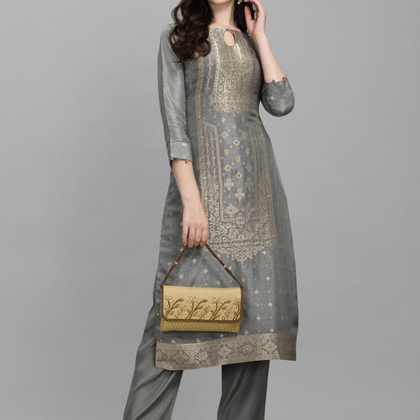 Indian Party/Wedding Wear - Grey Pleated Zari Embroidered Silk Kurta With Palazzo  -  Salwar Kameez - Kurta With Trouser - Indian Dress