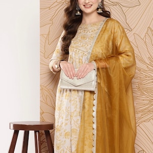 Vestido de fiesta indio para mujer - Kurta bordado amarillo mostaza con palazzos y dupatta - Conjunto Salwar Kameez - Conjunto étnico - Vestido indio