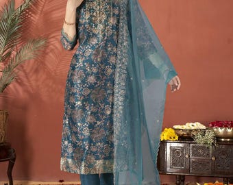 Indian Party Wear Dress For Women - Teal Floral Embroidered Silk Kurta With Trousers & Dupatta - Salwar Kameez - Ethnic Set Indian Dress
