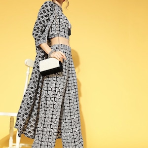 Women Black & White Geometric Printed Fusion Kurta Sets With Jacket - Indo Western Ethnic Set for women - Printed Crop top with palazzo