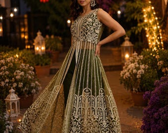 Indian Party Wear Dress For Women - Olive Green Embroidered High Slit Kurta With Trousers - Salwar Kameez - Wedding Guest Outfit - Anarkali