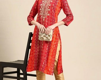 Kurta For Women - Red Bandhani Embroidered Thread Work Kurti For Women - Gift For Her - Top Tees Tunic - Summer Office Wear - Indian Dress