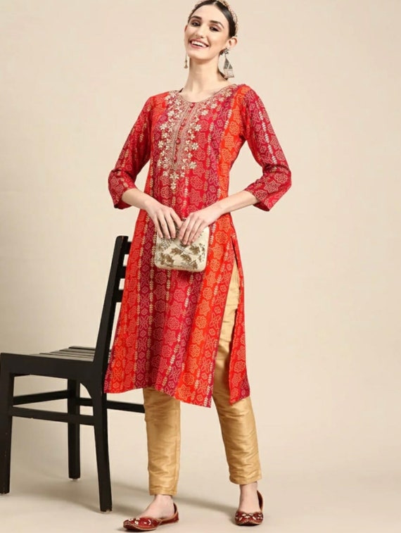 Kurta For Women - Red Bandhani Embroidered Thread Work Kurti For Women - Gift For Her - Top Tees Tunic - Summer Office Wear - Indian Dress