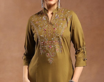 Kurtis For Women - Olive Green Embroidere Short Kurta - Indian Tunic - Summer Tops Tees T-Shirt For Women - Gifts For Her - Kurta Top