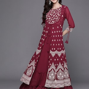Party Wear Maxi Dress, Burgundy Floral Embroidered Georgette Fully Stitched Flared A-line Kurta, Gowns For Women, Gown Dress, Indian Gown