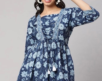 Pure Cotton Tunic Tops For Women - Blue & White Printed Top - Short Kurta - Kurtis For Women - Summer Tops Tees T-shirt Plus Size Boho Tops