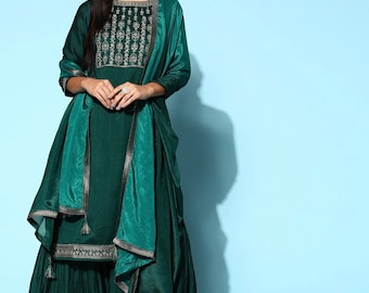 Silk Kurta Sets For Women - Indian Wedding Wear - Teal Embroidered Straight Kurta With Sharara and Dupatta - Salwar Suit - Wedding Wear