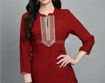 Tunics For Women - Maroon Floral Embroidered Kurti Top - Short Kurta - Indian Tunics - Indian Top Tees Women - Ethnic Short Kurti XS