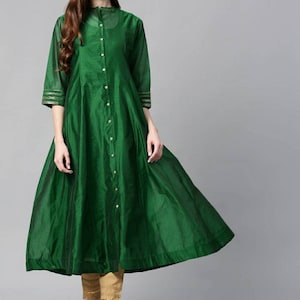 Indian Party Wear Dress For Women - Green Solid Silk Blend Anarkali Kurta - Gown Dress - Anniversary Gift - Boho Dress - Indian Ethnic Dress