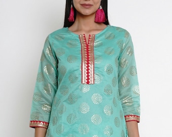 Kurtis For women | Sea Green Woven Design Kurti Top Tees | Short Kurta | Indian Tunics | Indian Top Tees Women | Short Ethnic Kurta