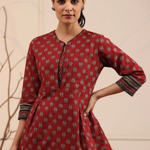 Cotton Kurtis For Women - Maroon & Black Motifs Printed A-line Top For Women - Tunic Top - Summer Tops and Tees - Indian Ethnic Kurti Top