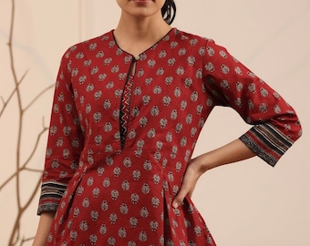 Cotton Kurtis For Women - Maroon & Black Motifs Printed A-line Top For Women - Tunic Top - Summer Tops and Tees - Indian Ethnic Kurti Top