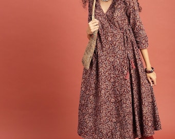 Kalamkari Kurta - Handblock Gedruckt A-Line Angrakha Kurta - Geschenk für Sie - Indische Tunika - Kurtis für Frauen - Indisches Kleid - Ethnische Kleidung