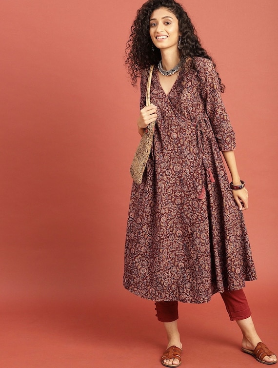 Rust kalamkari printed cotton maxi dress – Kasturi Creations