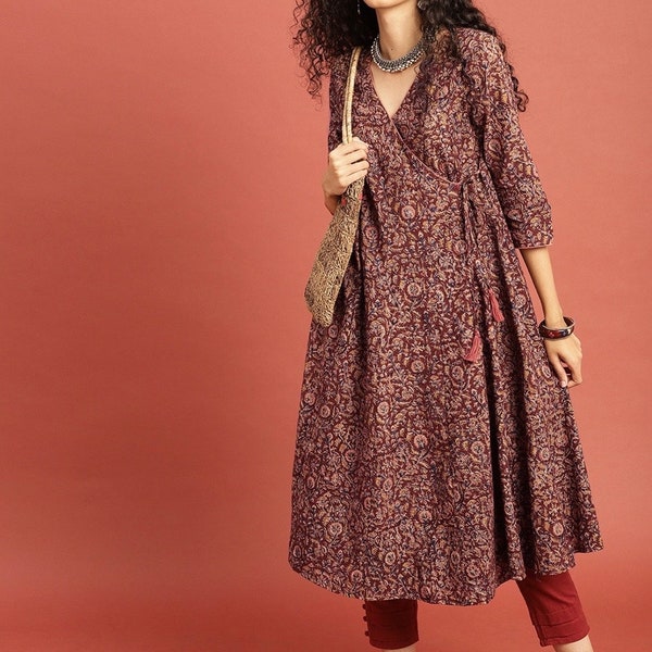 Kurta Kalamkari - Angrakha Kurta imprimé bloc à la main - Cadeau pour elle - Tunique indienne - Kurtis pour femme - Robe indienne - Vêtements ethniques