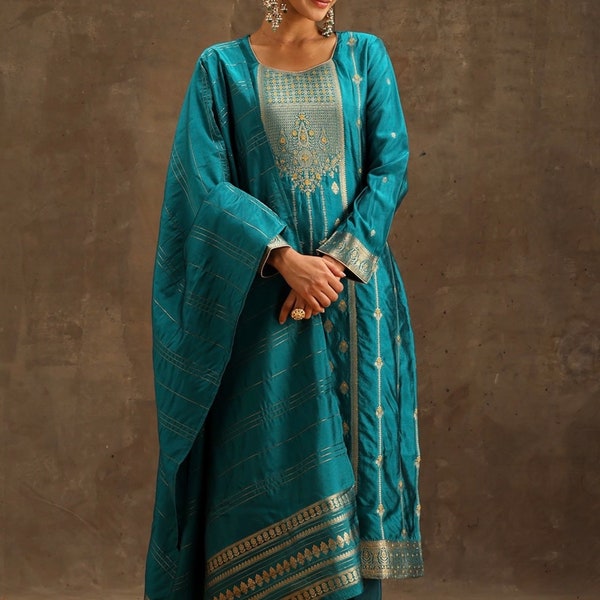 Indian Party/Wedding Wear - Turquoise Blue Zari Embroidered Silk Kurta With Trouser & Dupatta - Salwar Kameez Set - Indian Dress