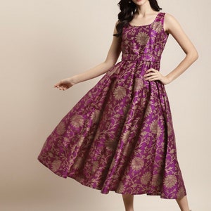Sleevless Midi Dress For Women - Purple & Golden Jacquard Printed Maxi Dress with Belt - Maxi Dress For Party - Indian Dress - Kurtis Top